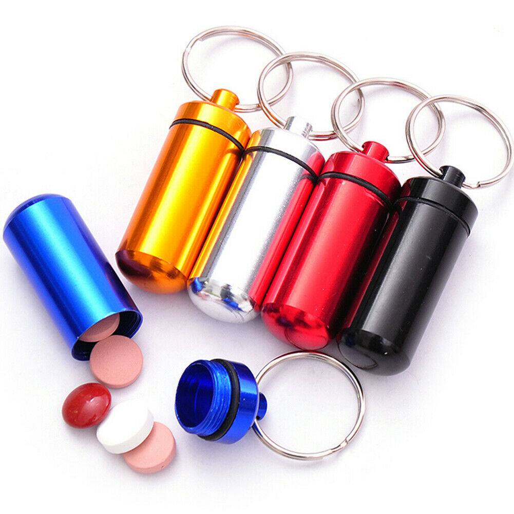 Mini Waterproof Metal Medicine Pill Box  Bottle Holder Container Keychain