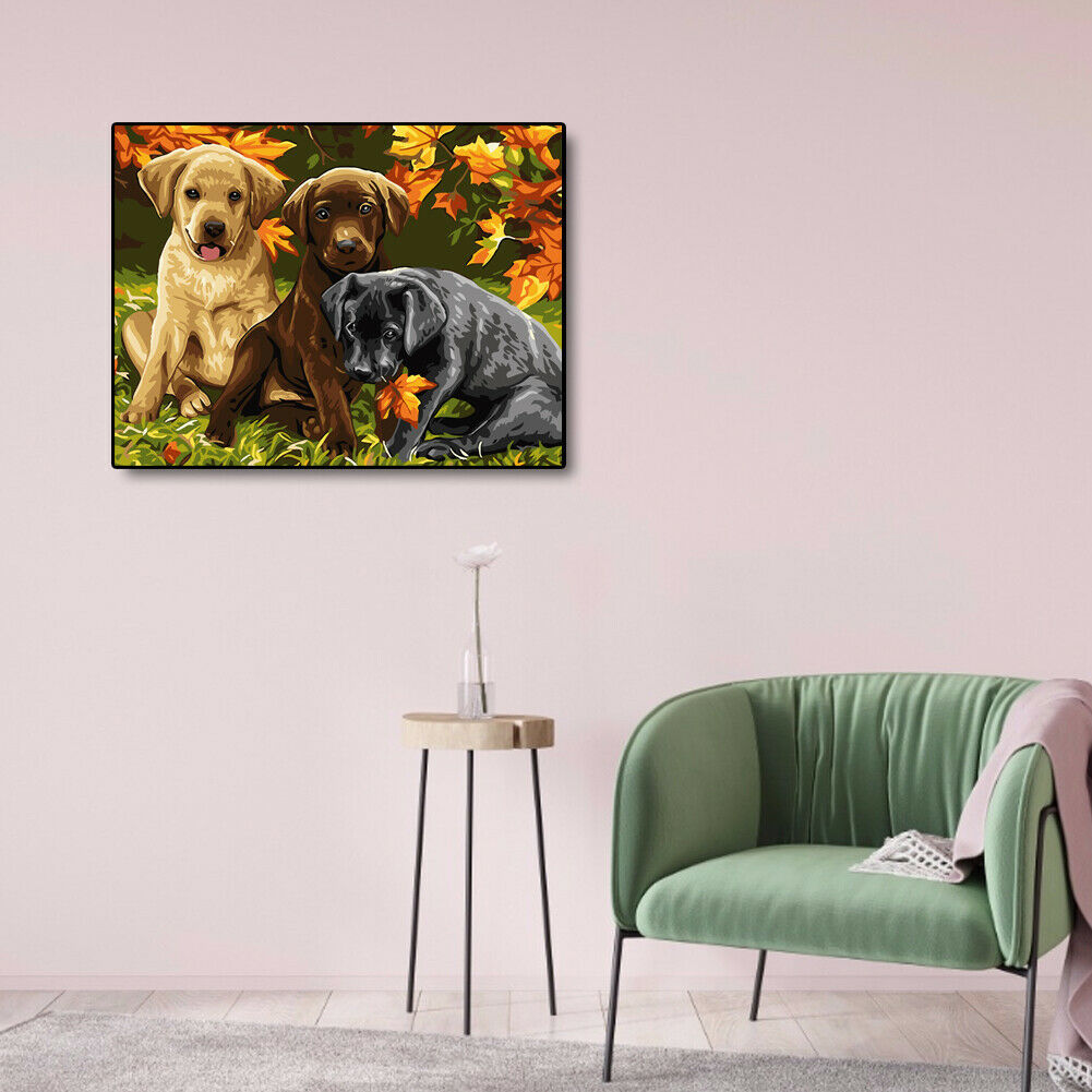Leaves Dogs DIY Oil Painting By Numbers Kit Canvas Hand Painted Wall Art @