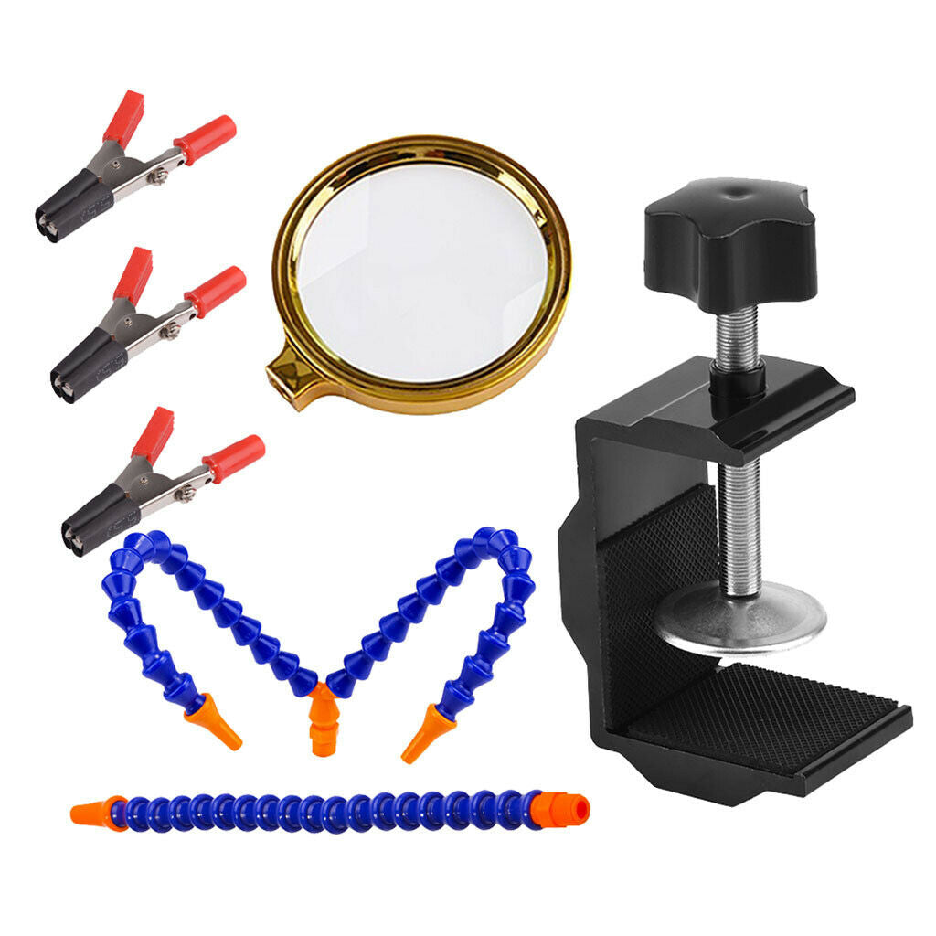 3 Arms Soldering Stations Desk Clamp Set w/ Alloy Base w/ Magnifying Lens