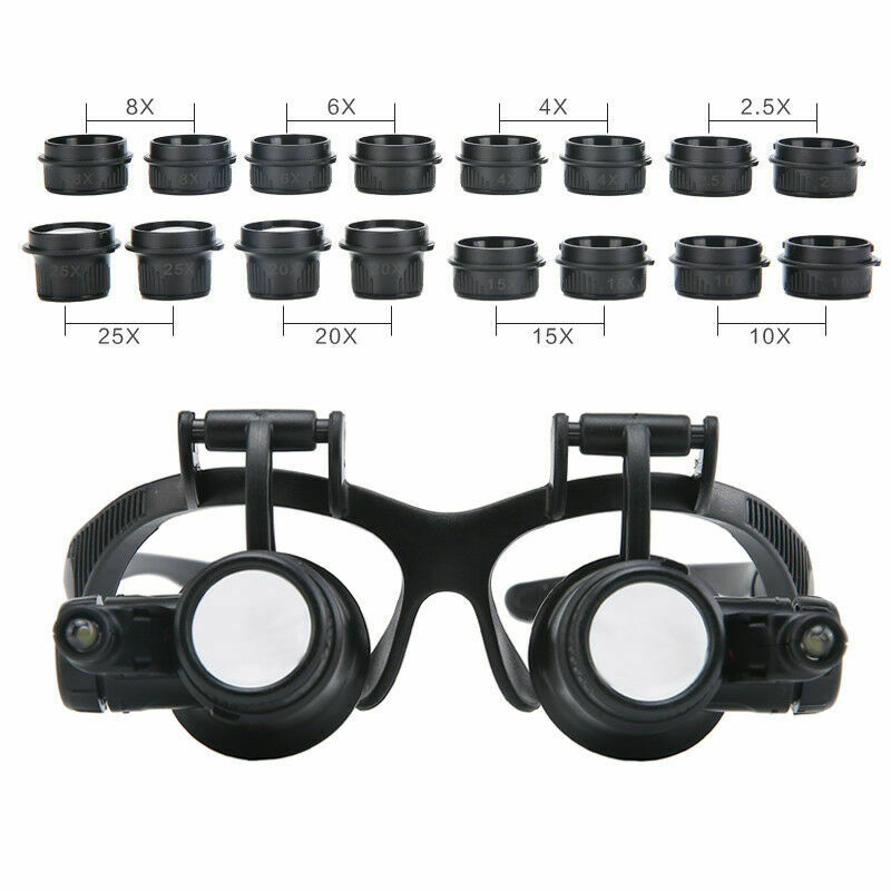 2.5X-25X Multi-Power Double LED Lights Magnifier Eye Glasses Watch Repair Loupe