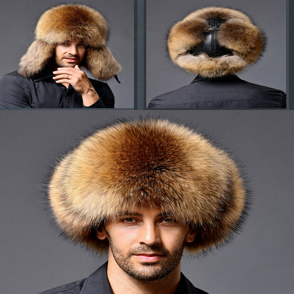Faux Fox Fur Mens Hat Winter Hat Warm Black Real Sheep Leather with Earlaps 1x