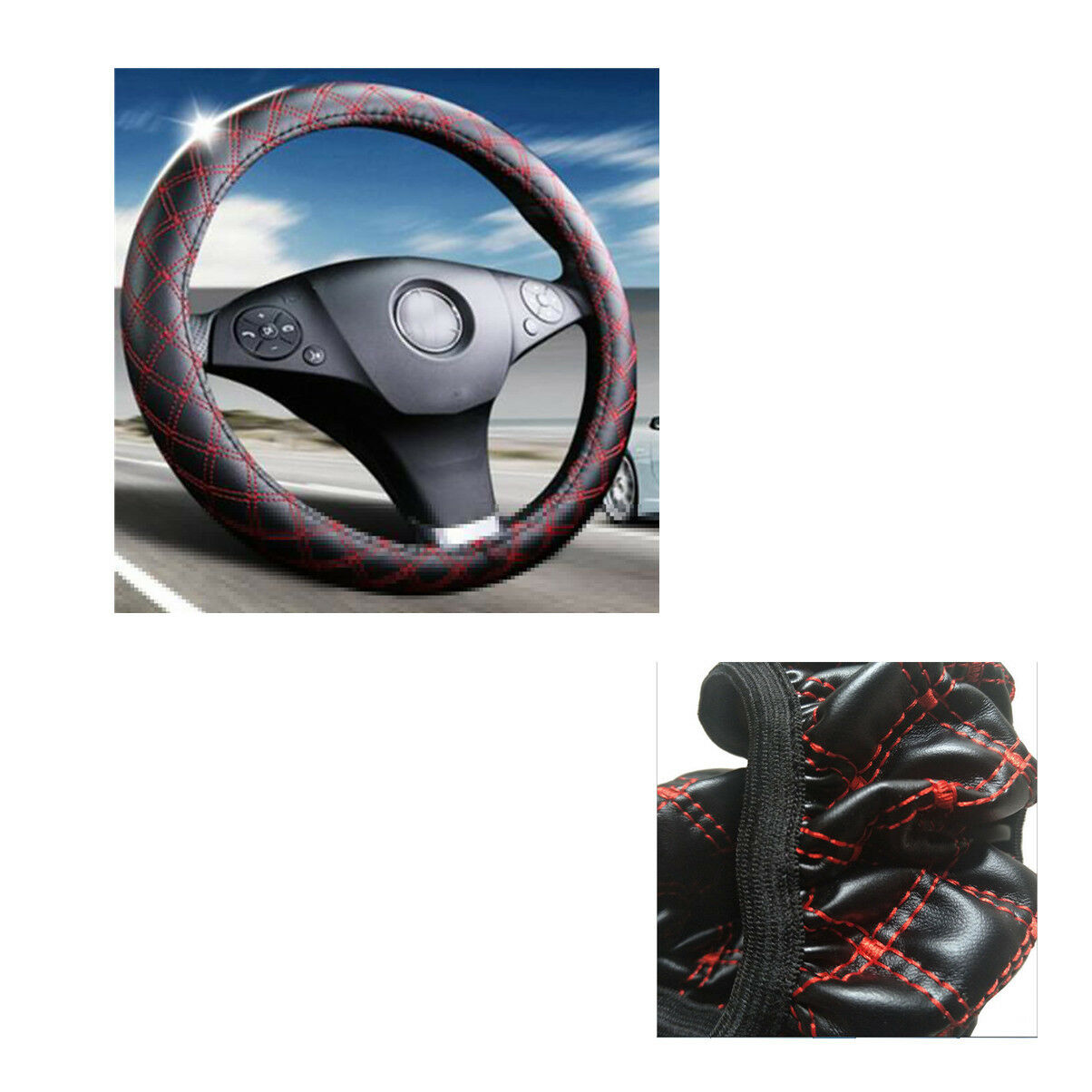 2PCS Car Steering Wheel Cover Black & Red Stitching PU Leather Universal 38cm