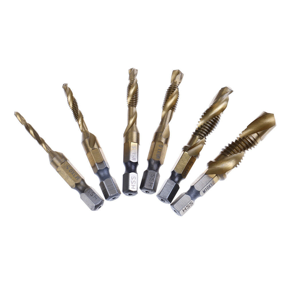 6pcs Hex Shank Titanium Plated Screw Thread Drill Bits Set Compound Tap M3-  Qx