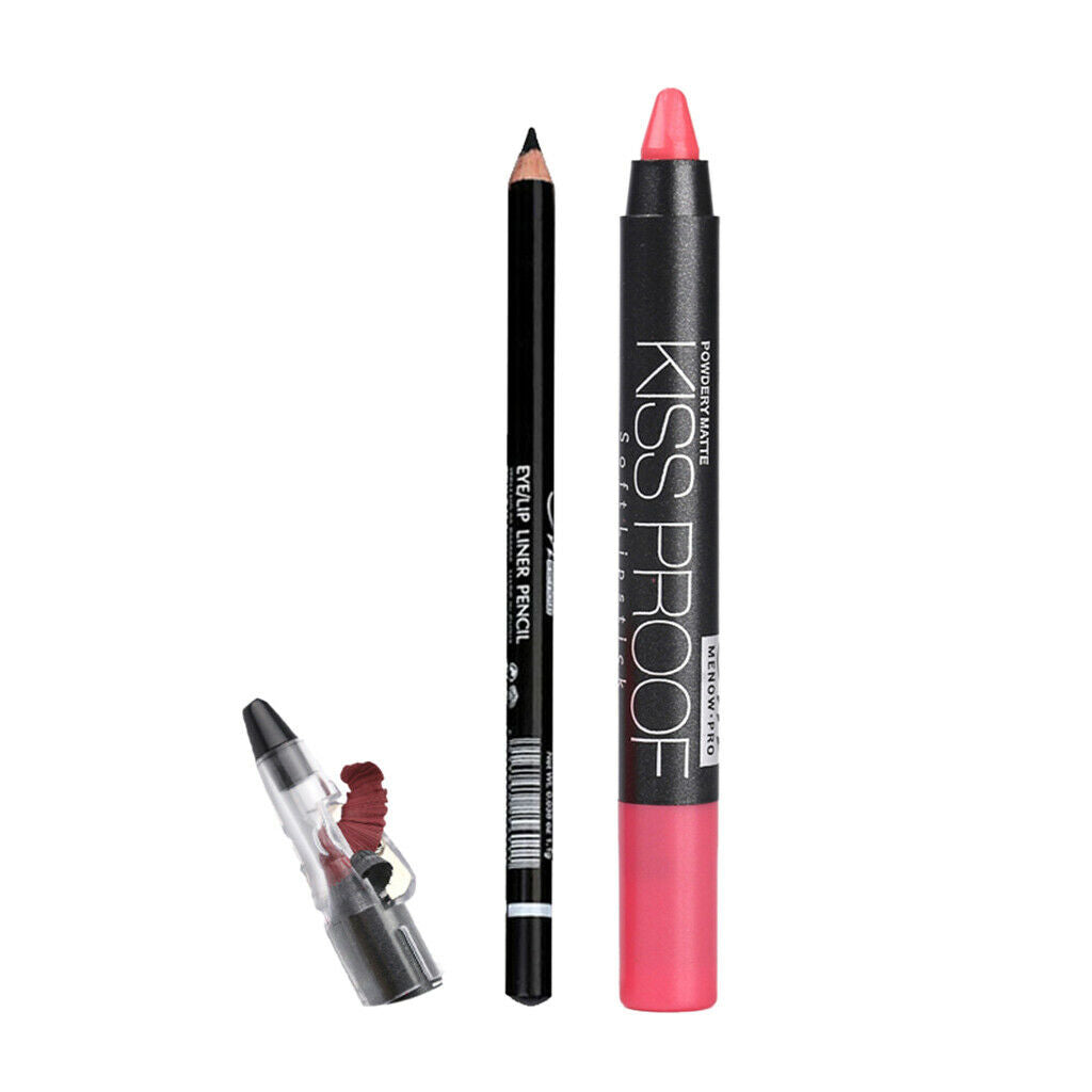 Long Lasting Waterproof Black Eyeliner Pencil+Lipstick Pen+Pencil Sharpener 04