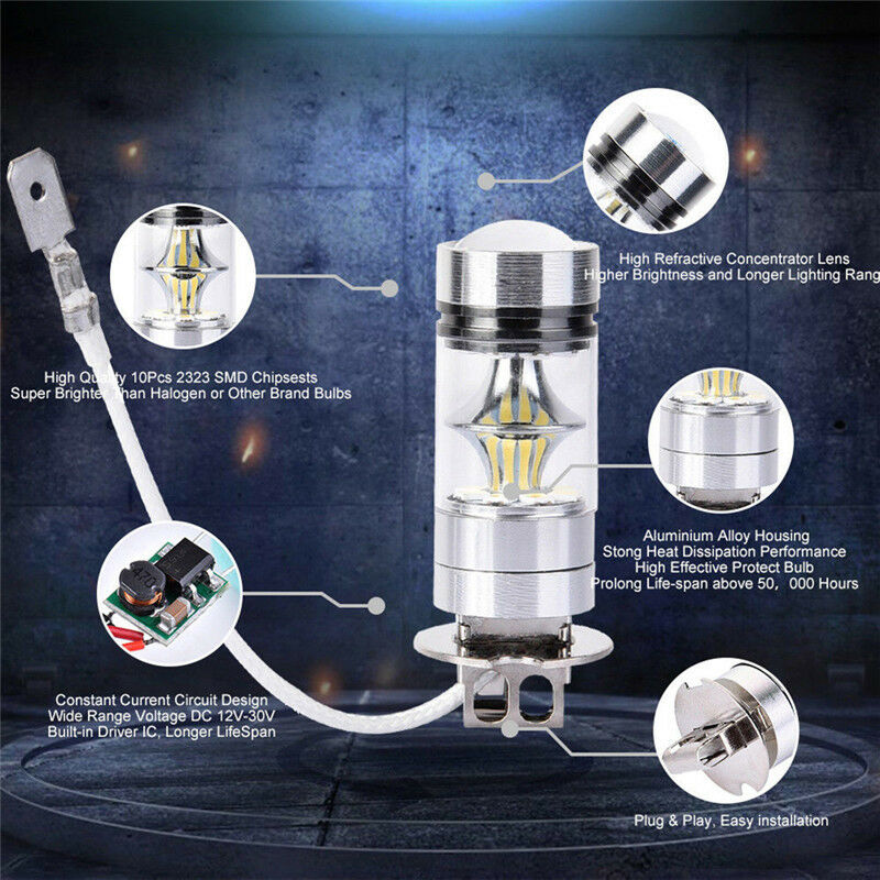 2PCS 100W White LED H3 High Power 2828 Car Fog Light Bulb DRL 1000L C Tt