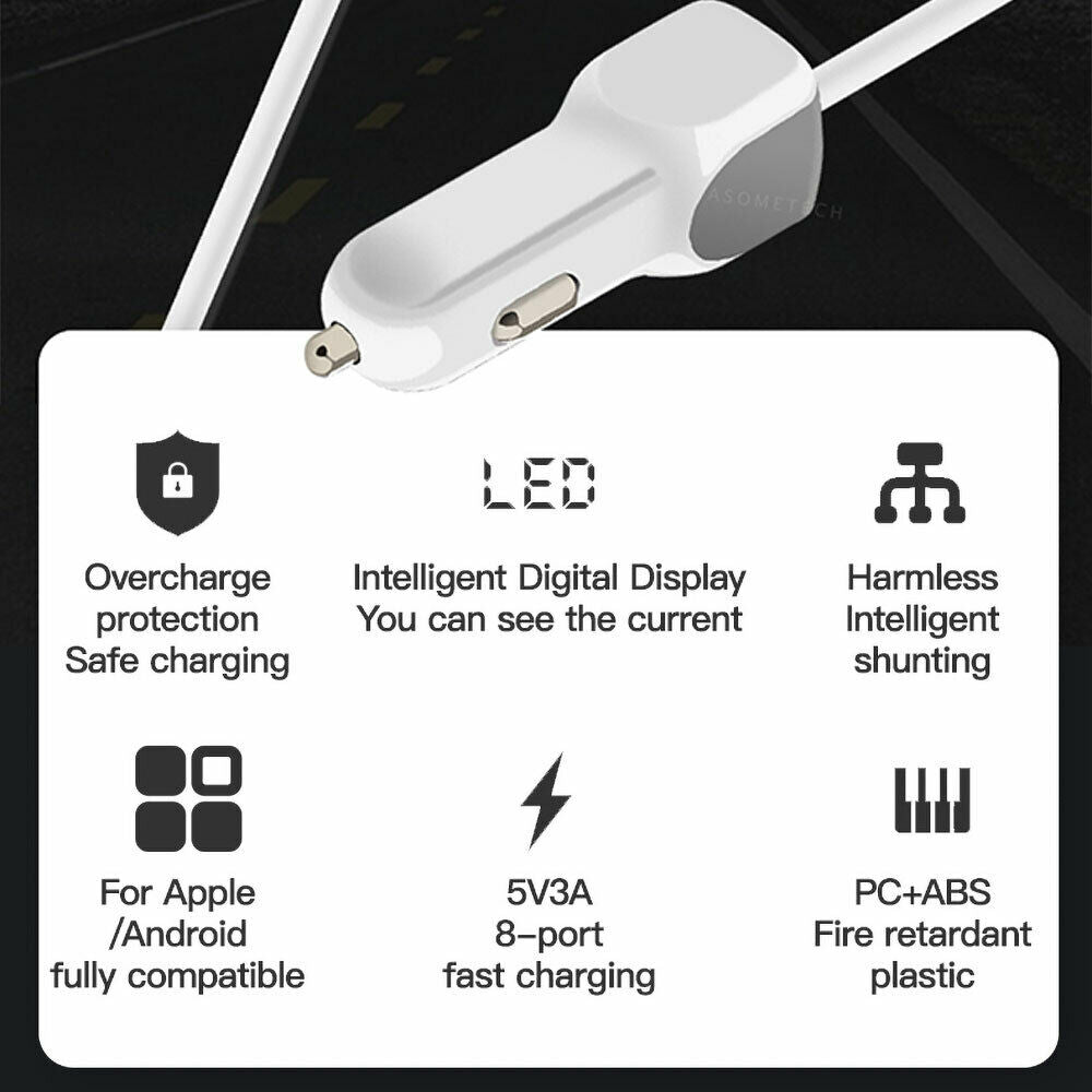 8-port 40W Fast Charging 3.0 USB Car Charger LCD Adapter for IOS Android System