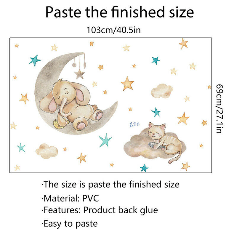 Cartoon Cat Elephant Sleeping On The Moon Wall Stickers For Baby Room Dec.l8