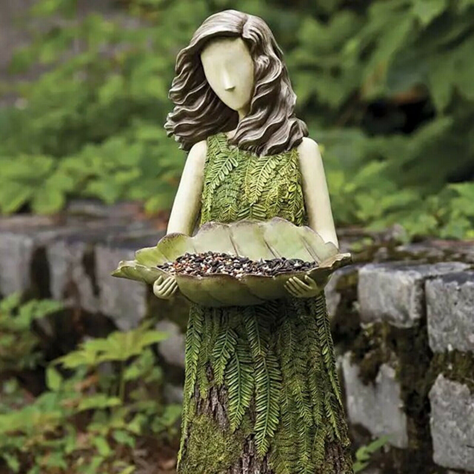 Sherwood Fern Fairy Statuary w/ Bird Feeder Garden Art Ornament Decor Craft