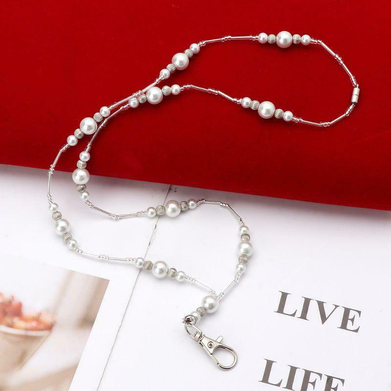 Hidden Hollow Beads White Pearls Beaded Lanyard ID Badge Holder Pendant Necklace