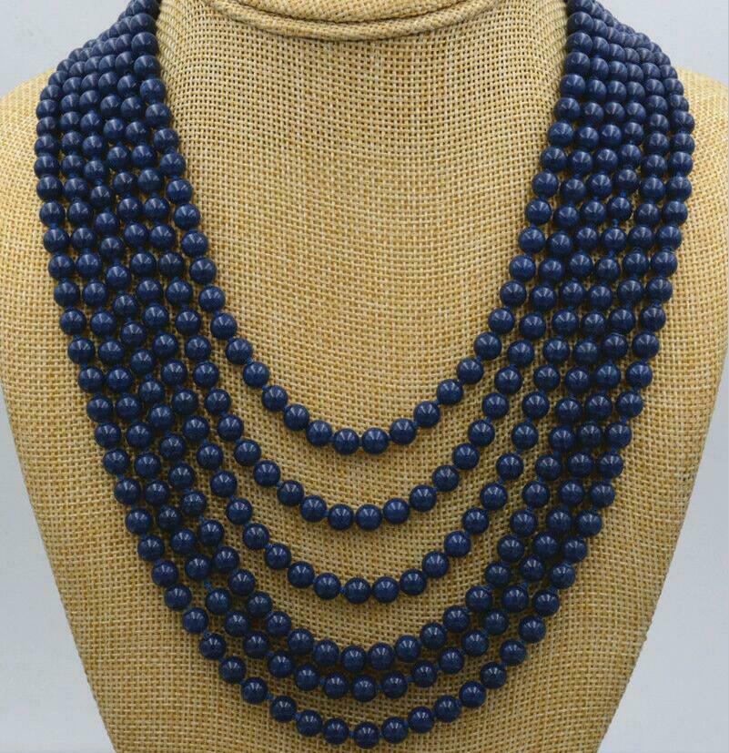 Charming 6 Rows 6mm Blue Lapis Lazuli Round Beads Necklace 17-24"