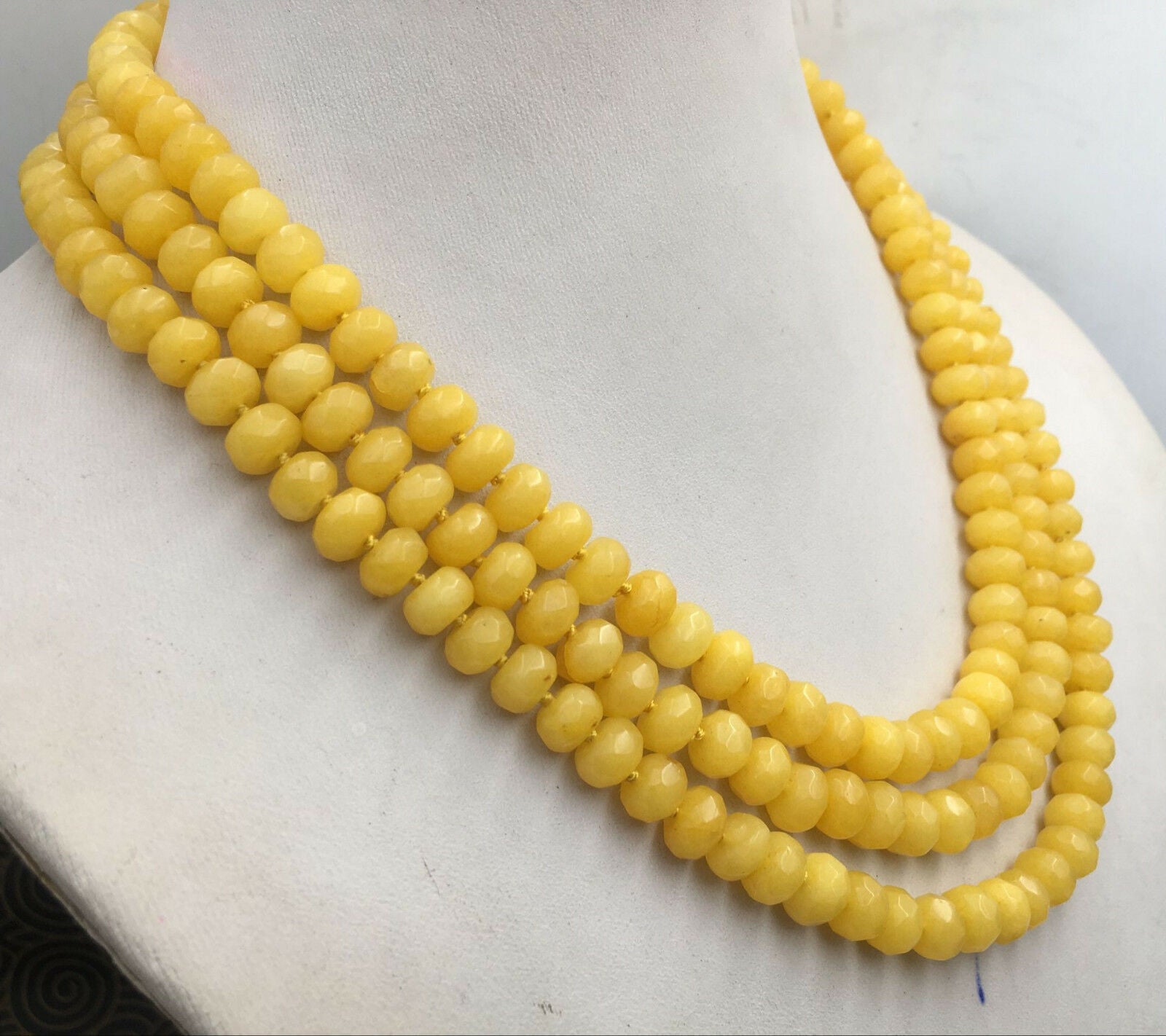New Huge 5x8mm NATURAL yellow jade FACETED BEADS NECKLACE 3 Row 18-20''