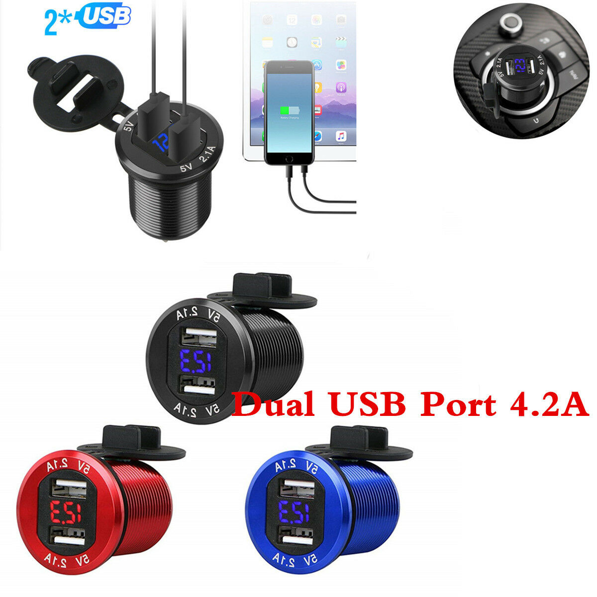 Dust-proof Dual USB Port 4.2A Car Charger+Multi-functional Blue LED Display Volt