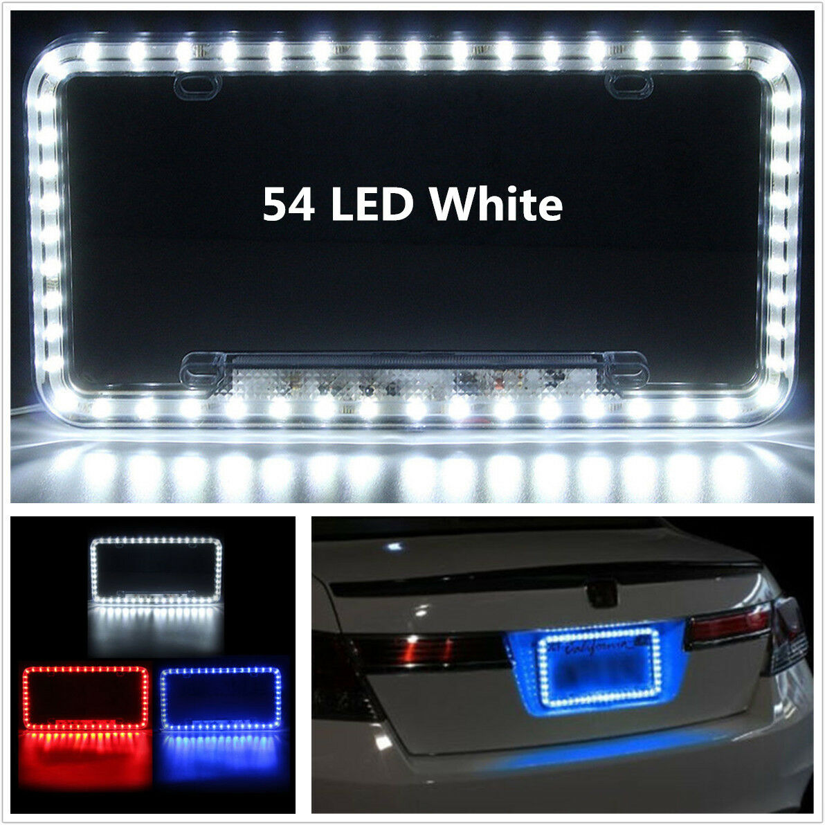 Universal 12V White 54 LED Light Car Front Rear Number License Plate Frame Cover