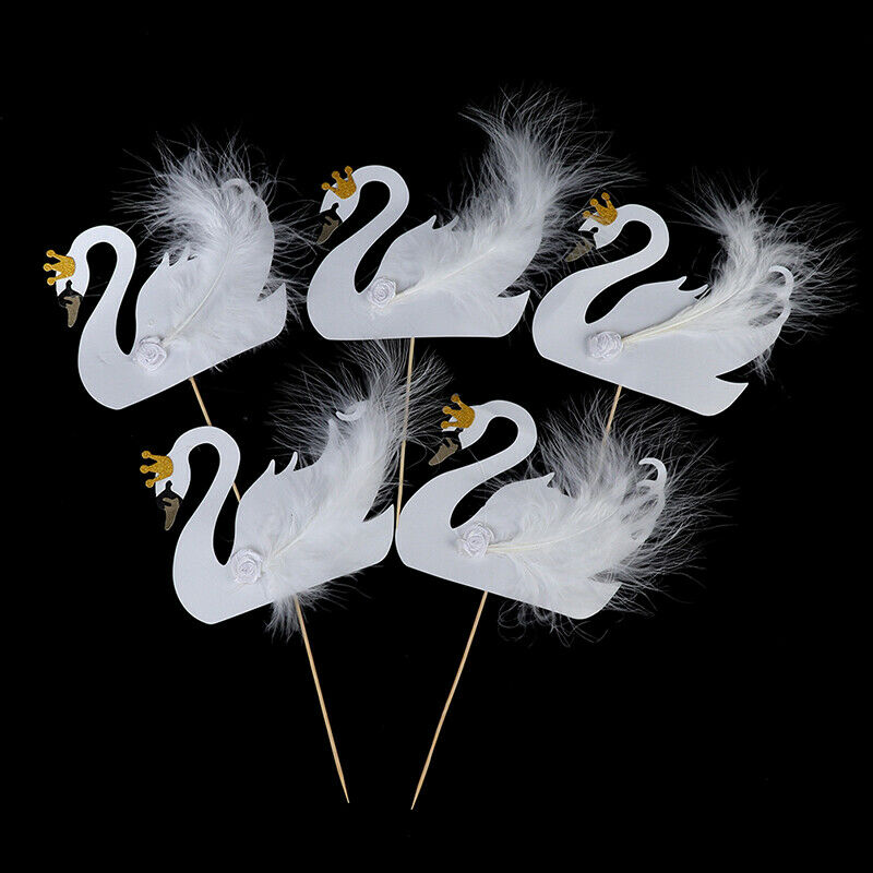 5pcs Cupcake Topper Picks Swan Crown Feather Wedding Party Cake Decor SuppliFCA
