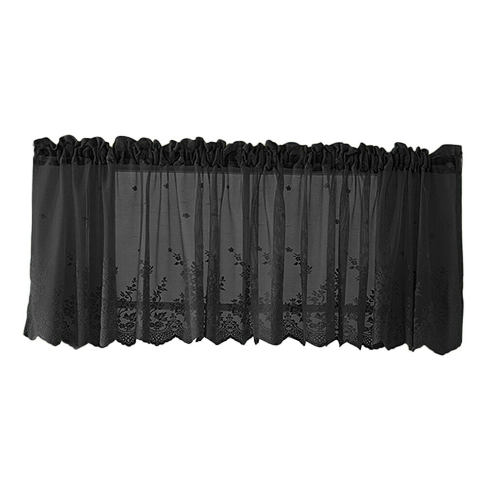 Embroidered Window Voile Sheer Curtain Valance Tiers Black-Valance-137x61cm