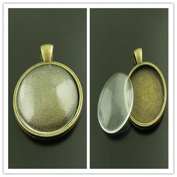 3X Retro Bronze Round Pendant Setting Tray With Glass Cameo Cabochon Base Charm