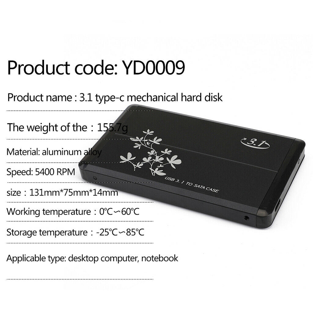 60G USB Type C 3.1 2.5-inch External HDD Hard Drive Enclosure Case, Optimized