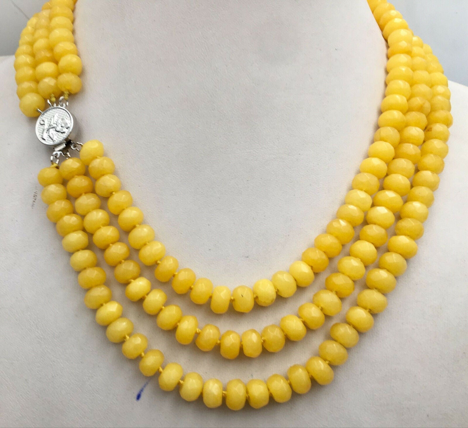 New Huge 5x8mm NATURAL yellow jade FACETED BEADS NECKLACE 3 Row 18-20''
