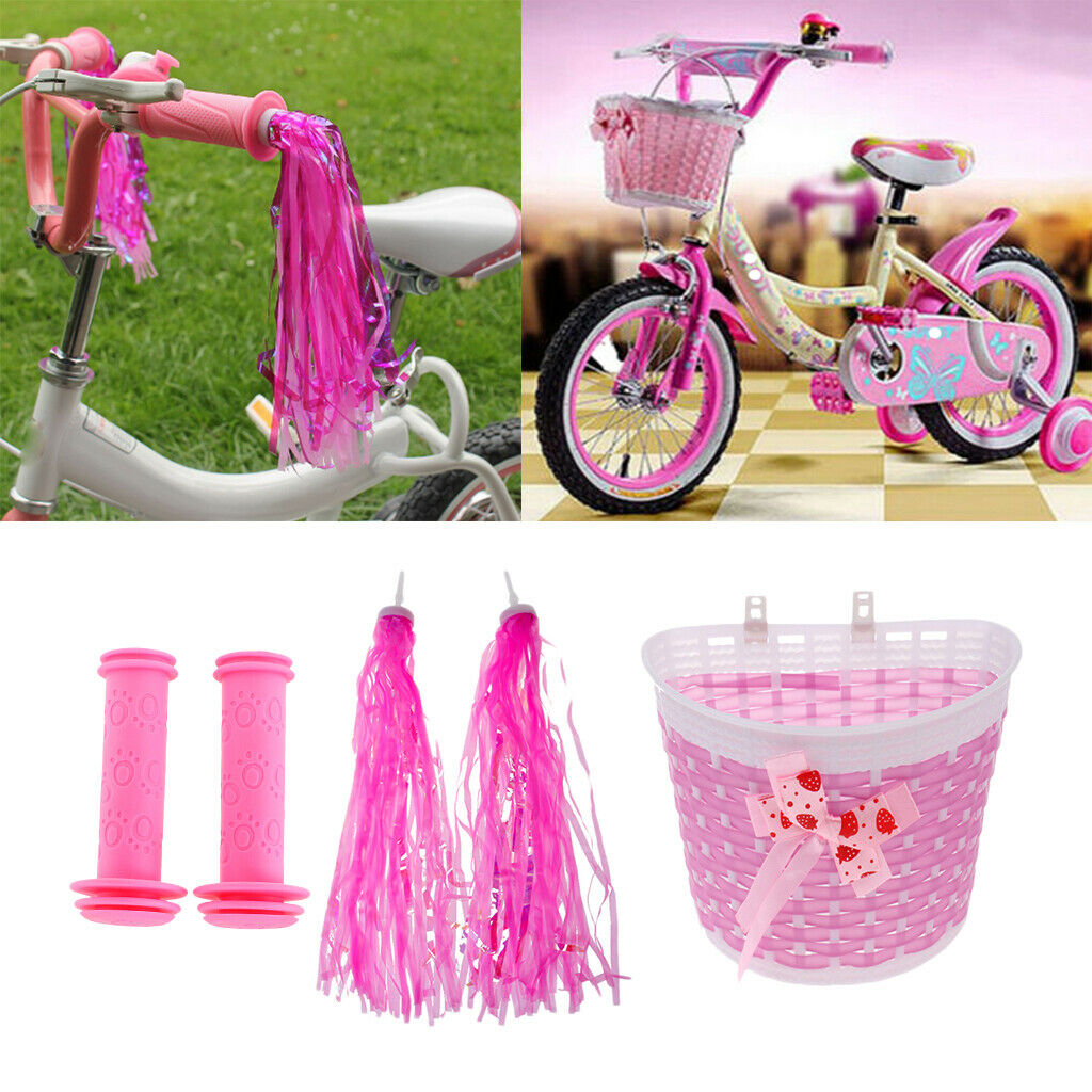 Girls Bicycle Bike Handlebar Grips Tassels Ribbons Front Basket Pink Set