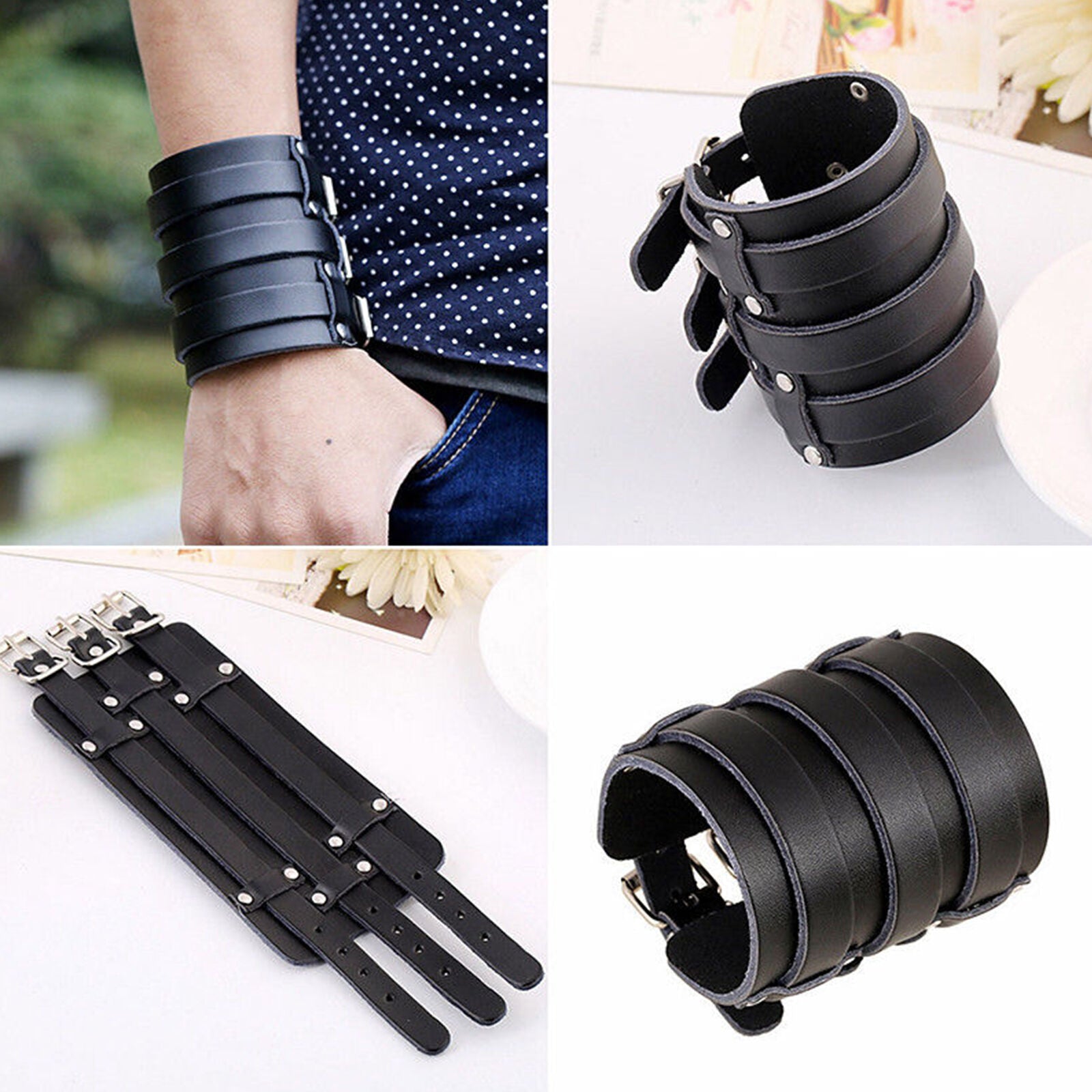 Black Men Women Punk Style Cuff Belt Leather Bracelet Wide Wristband Buckle AU