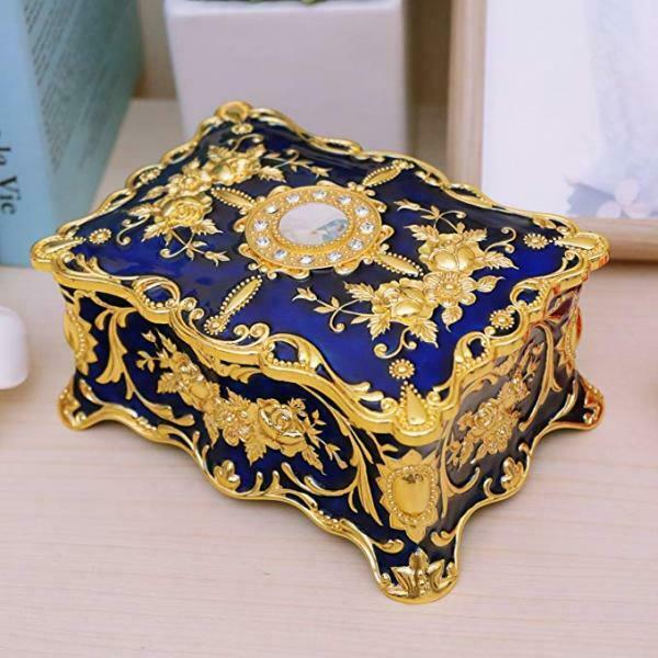 Retro Enamel Flower Sculpture Trinkets Chest Jewelry Box Organizer Dark Blue
