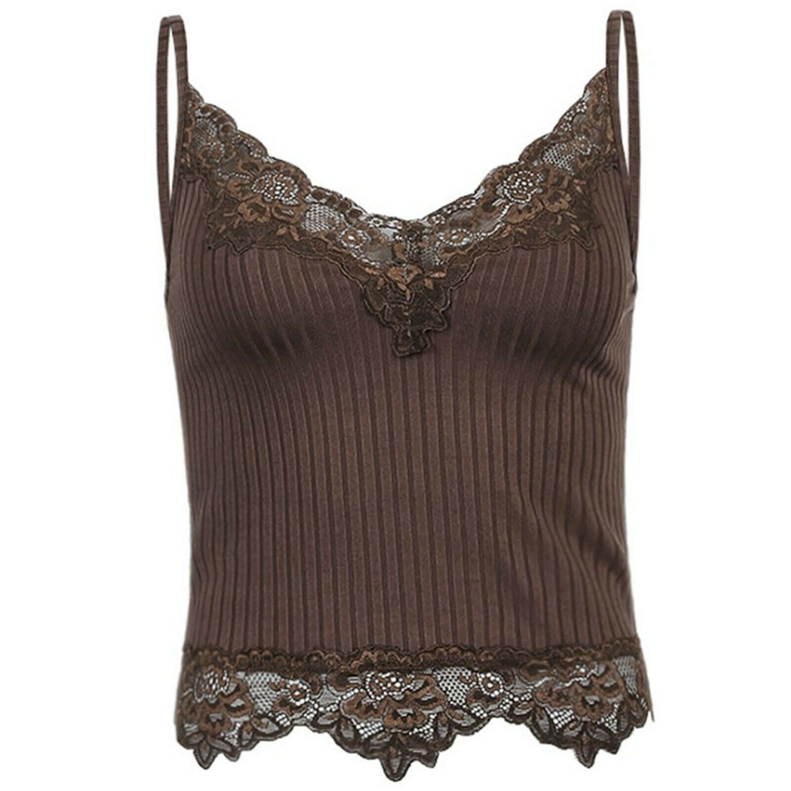 Women's Lace Trim V Neck Crop Top Summer Sleeveless Ribbed Camisole Vest Tops
