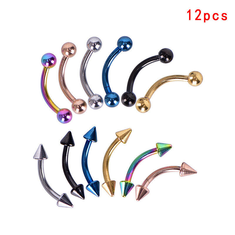 12Pcs/Set Curved Bar Barbell Ball Spike Tragus Eyebrow Lip Ring Body Pier.l8