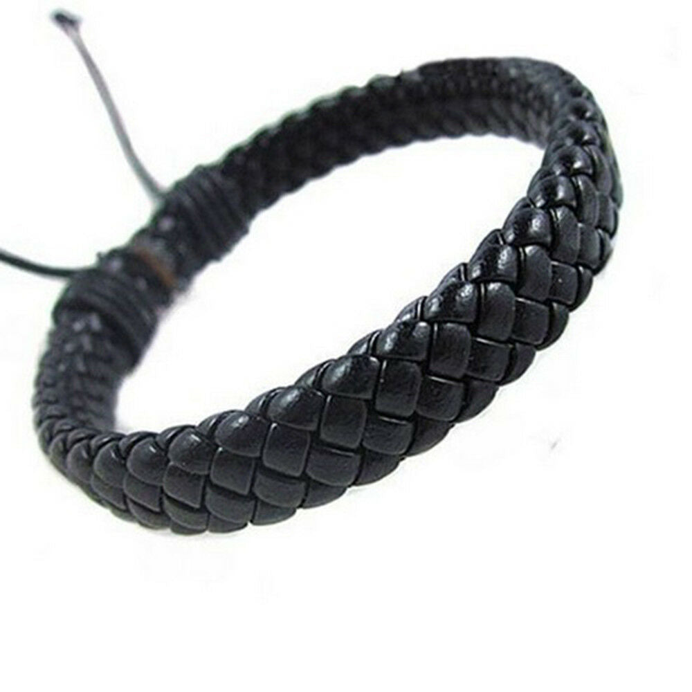 Men Unisex Leather Bracelet Bangle Cuff Rope Black Surfer Wrap Adjustable Xmas