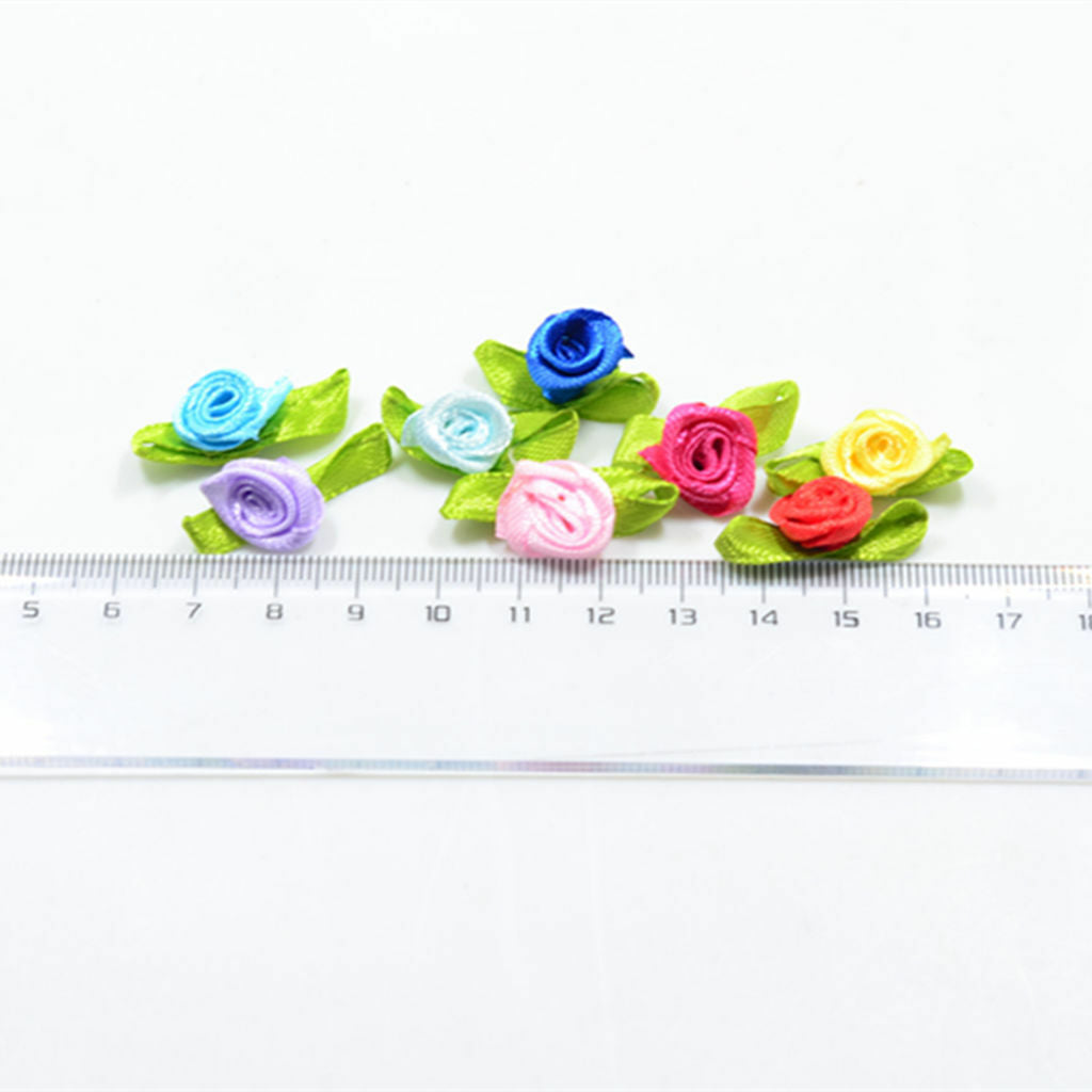 100 Pieces Mini Satin Ribbon Flowers Rose Leaf Decoration Sewing Craft DIY