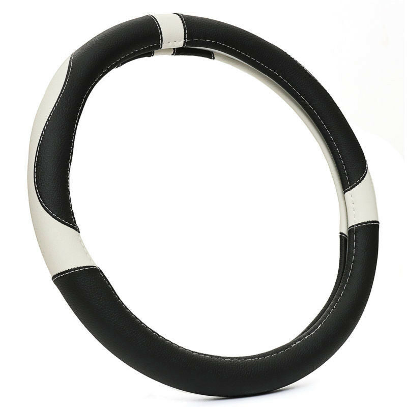 15'' 38cm PU Sport Leather Anti-Slip Car Steering Wheel Cover Black&White Pretty