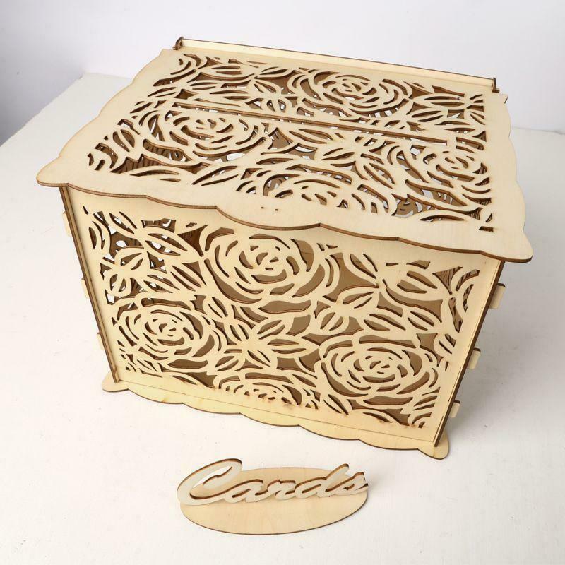 DIY Wedding Gift Rose Flower Wooden Card Money Box Case With Lock Rustic Party