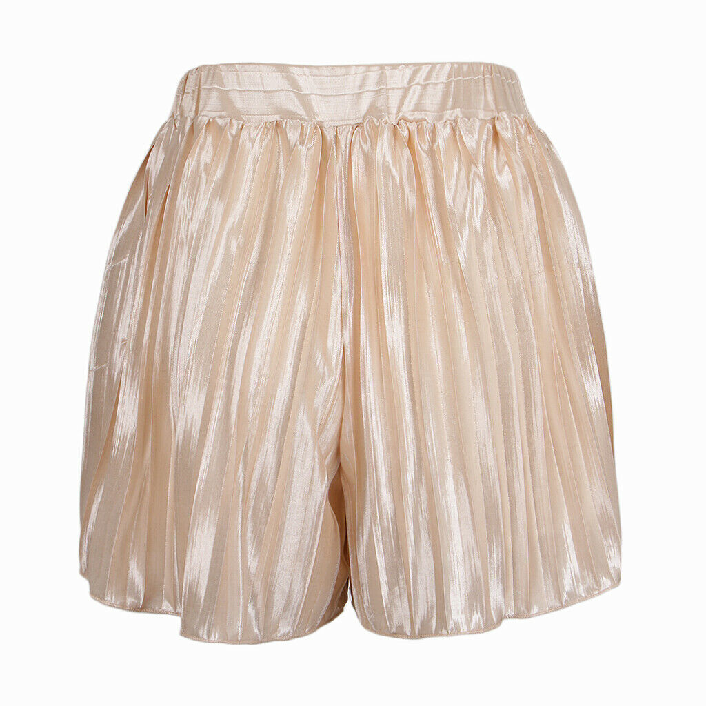 Womens Casual Pleated Chiffon Shorts Culottes Wide Leg Mid Rise L Beige