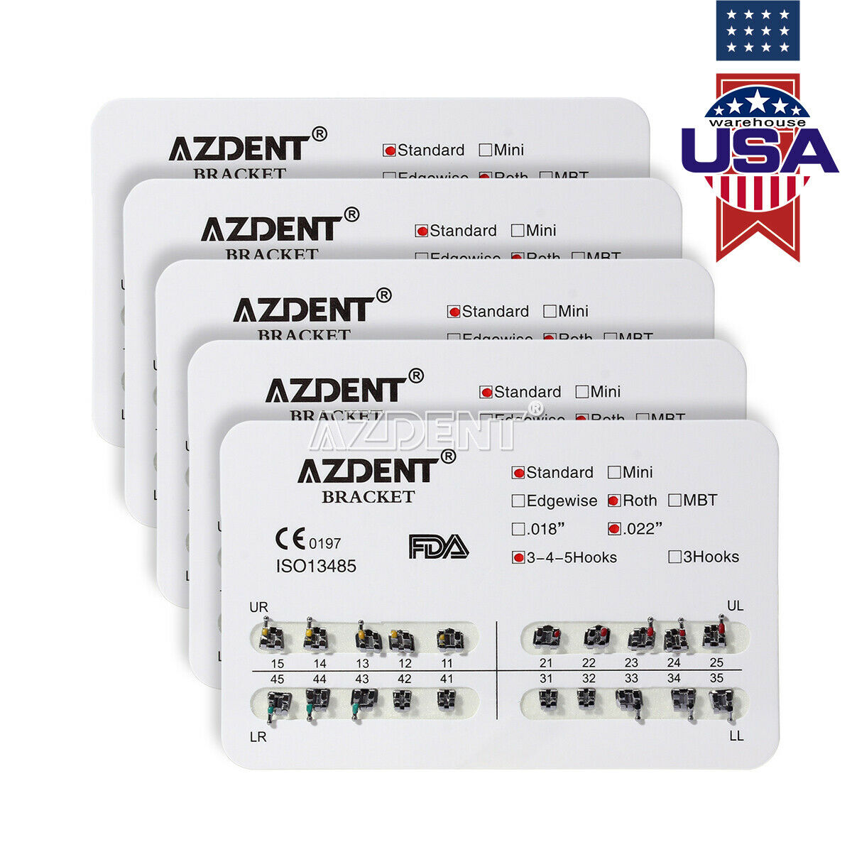 50XAZDENT Dental Orthodontic Metal Brackets Braces Standard Roth 022 Hooks 3 4 5