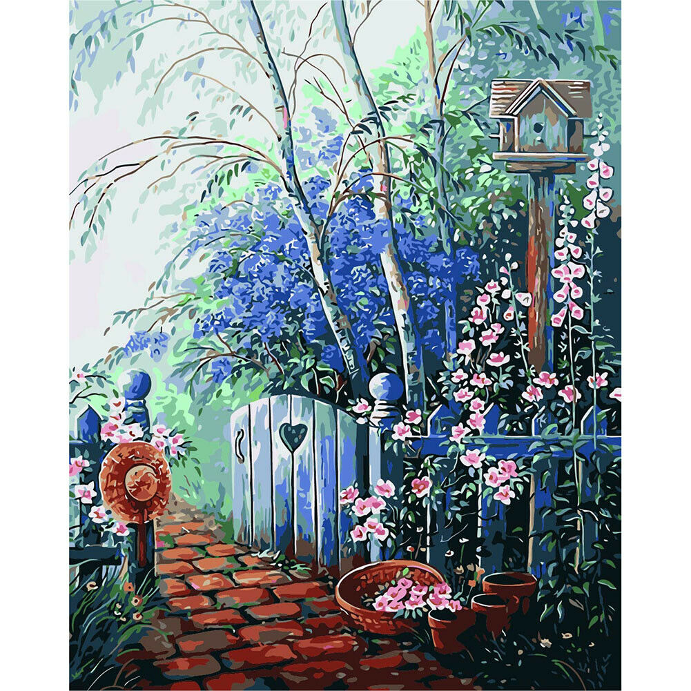 DIY Digital Canvas Blue Garden Oil Picture By Number Kits Art Modern Decor @