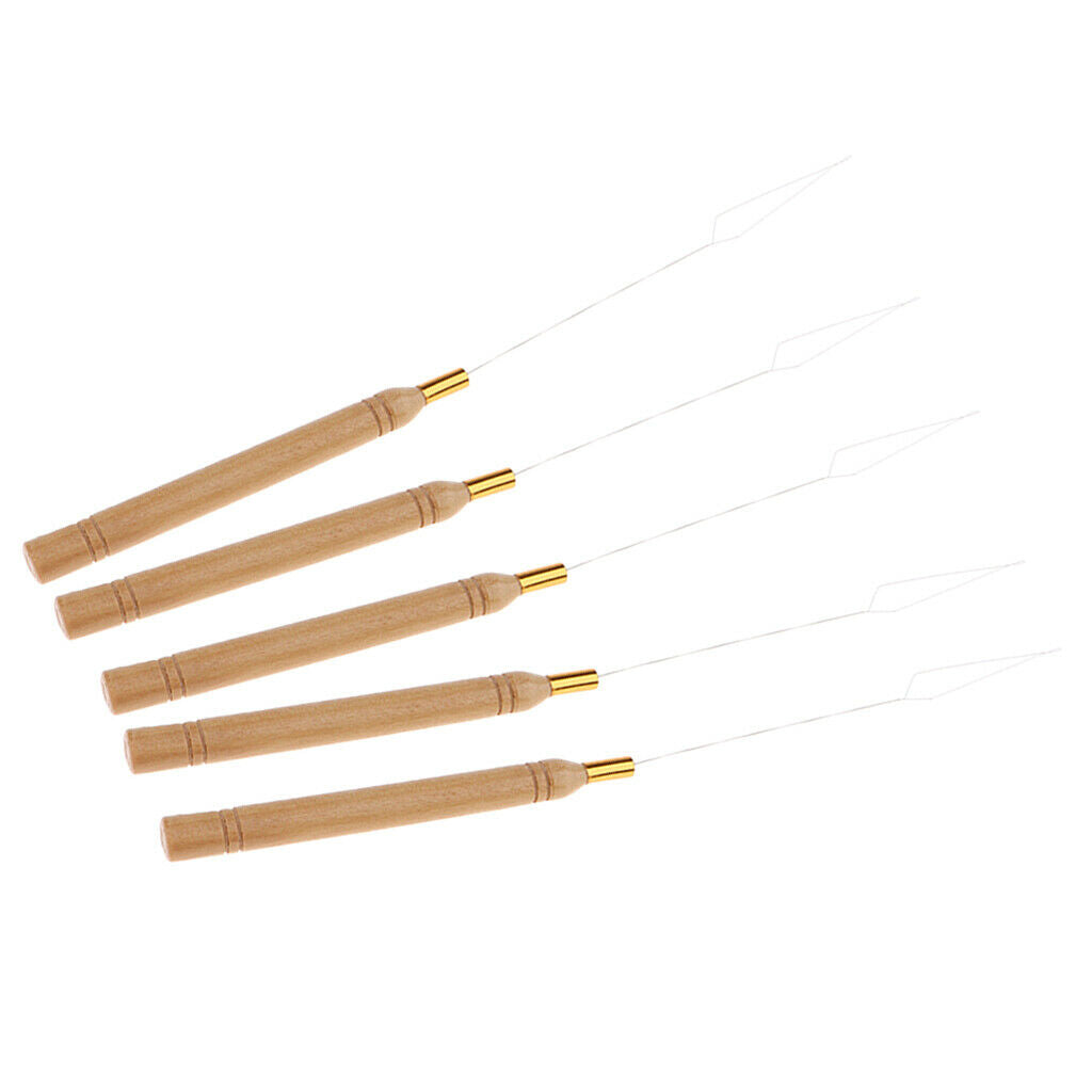 5 Pieces Wooden Handle Hair Extensions Loop Needle Threader Pulling Tool Kit
