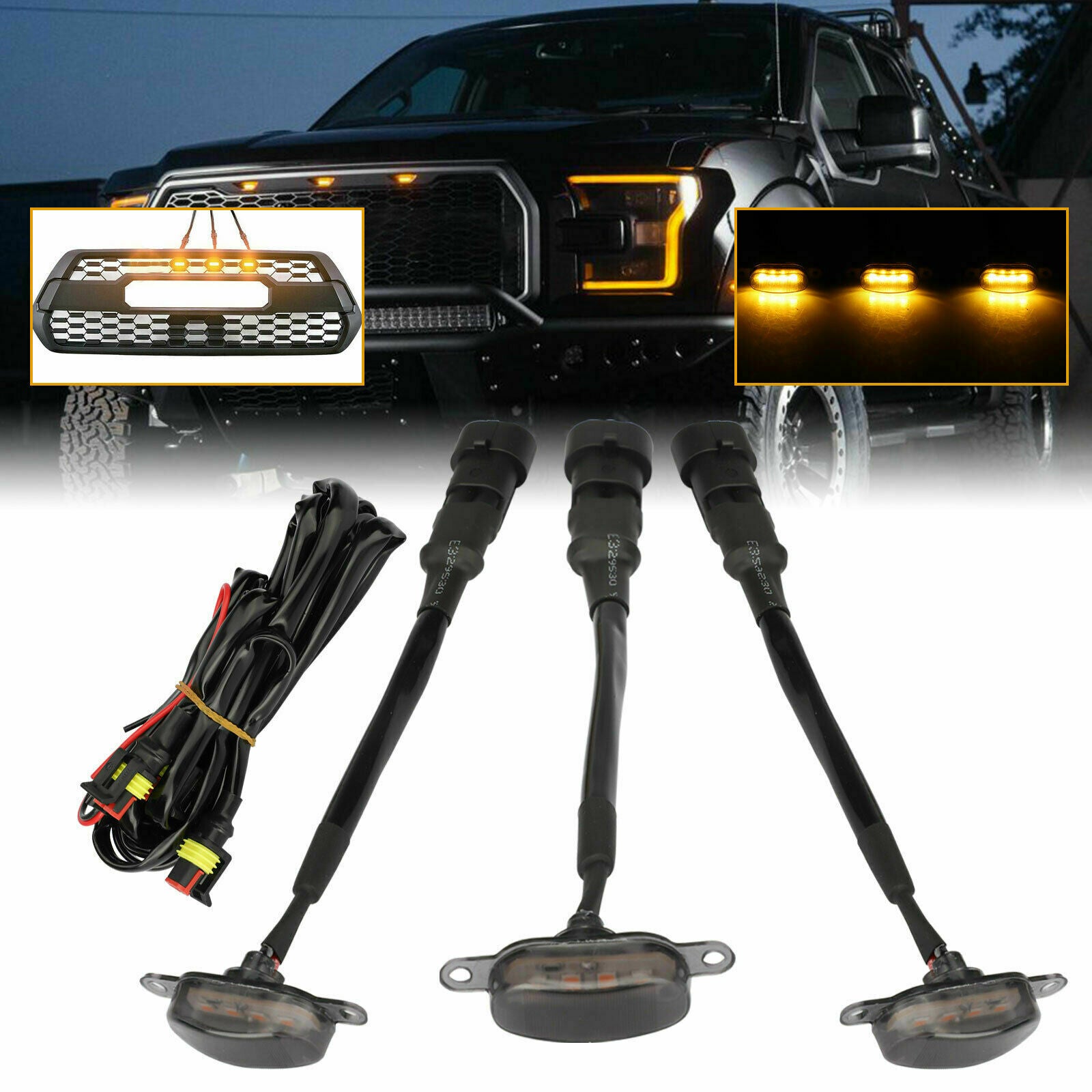 3X Amber Smoked LED Front Grille Grill Running Lights For Ford F150 Raptor Style