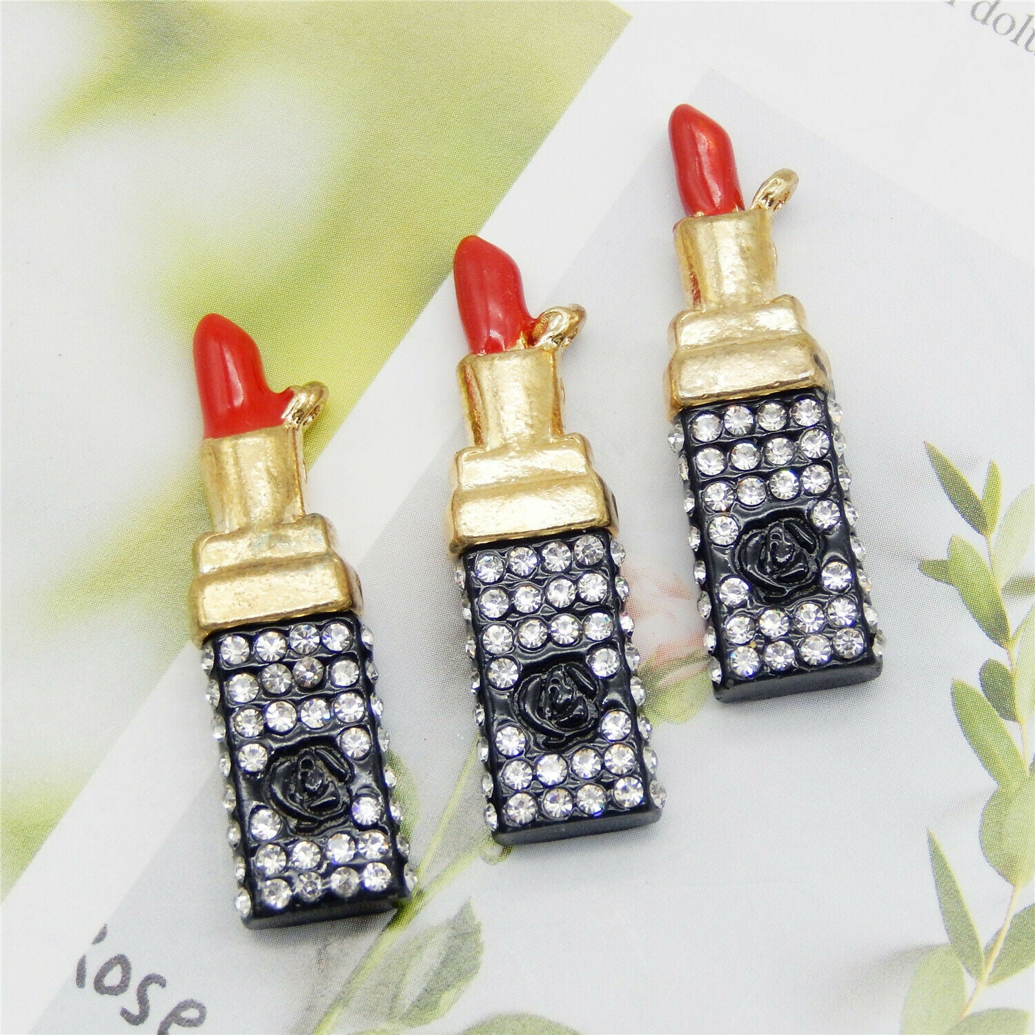 3 pcs Enamel Lipstick Metal Crystal Pendant Charm DIY Jewelry Findings 37x11mm