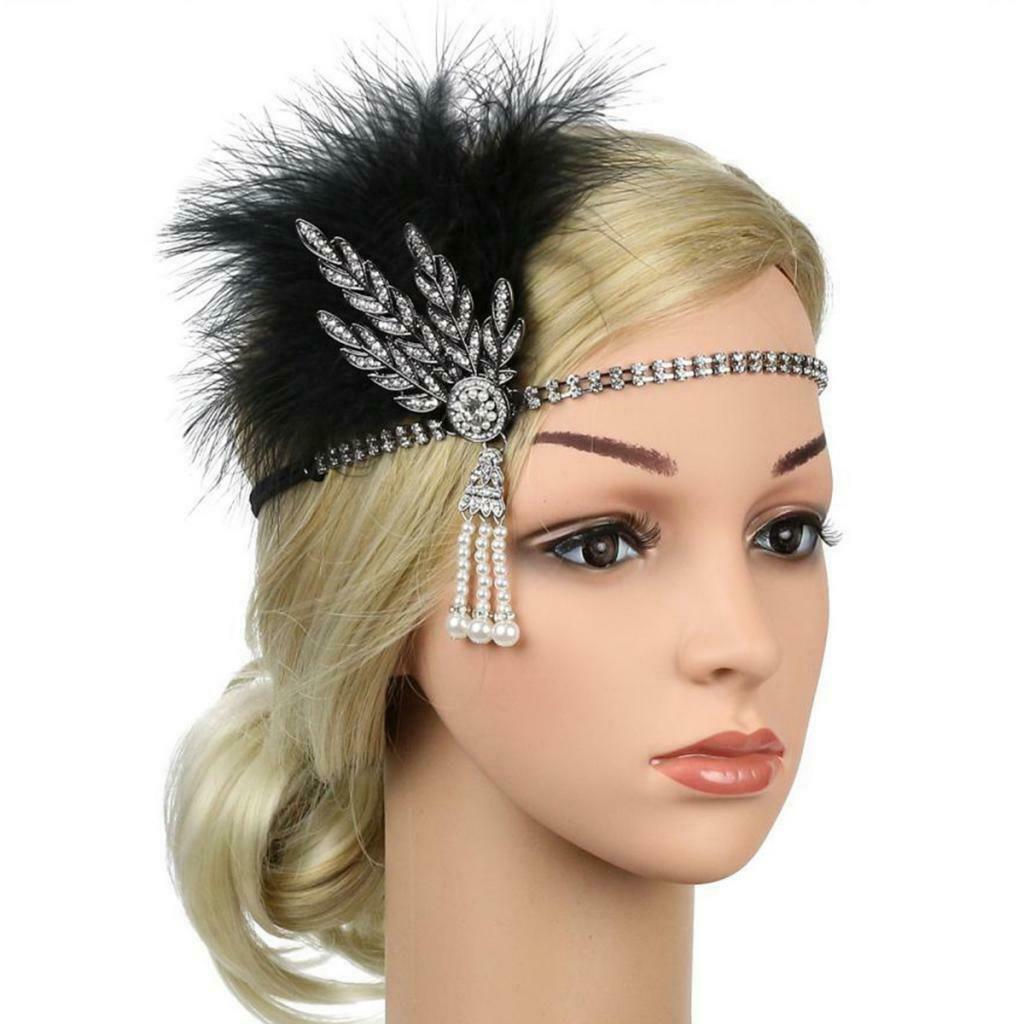 Set of 2 Womens Feather Headband Chain Stretchy Rhinestone Hairband Beaded