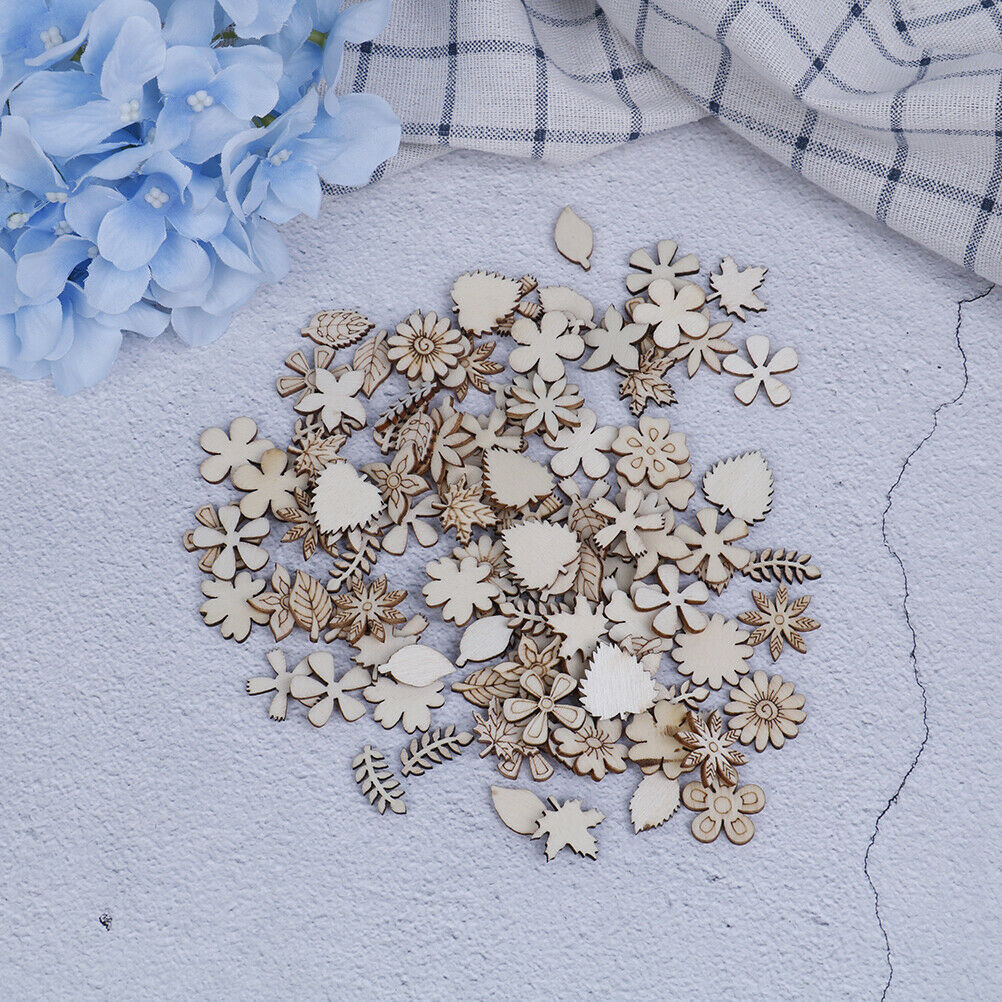 100pcs Wood Flowers and leaves Embellishment Wooden Shape Craft Wedding DecoY SJ