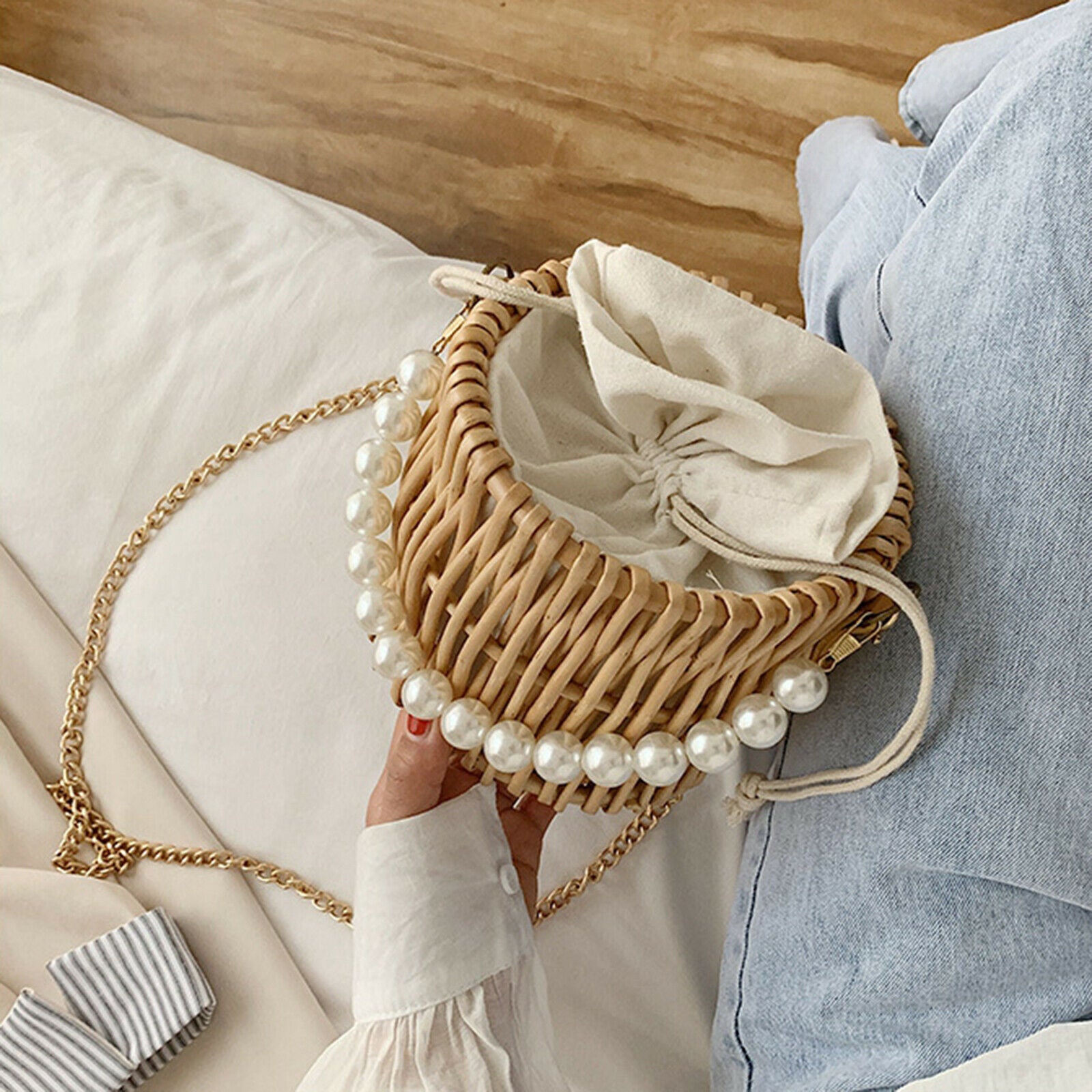 Hand Woven Rattan Straw Bag Crossbody Handbag Shoulder Bags Small Bucket Bag