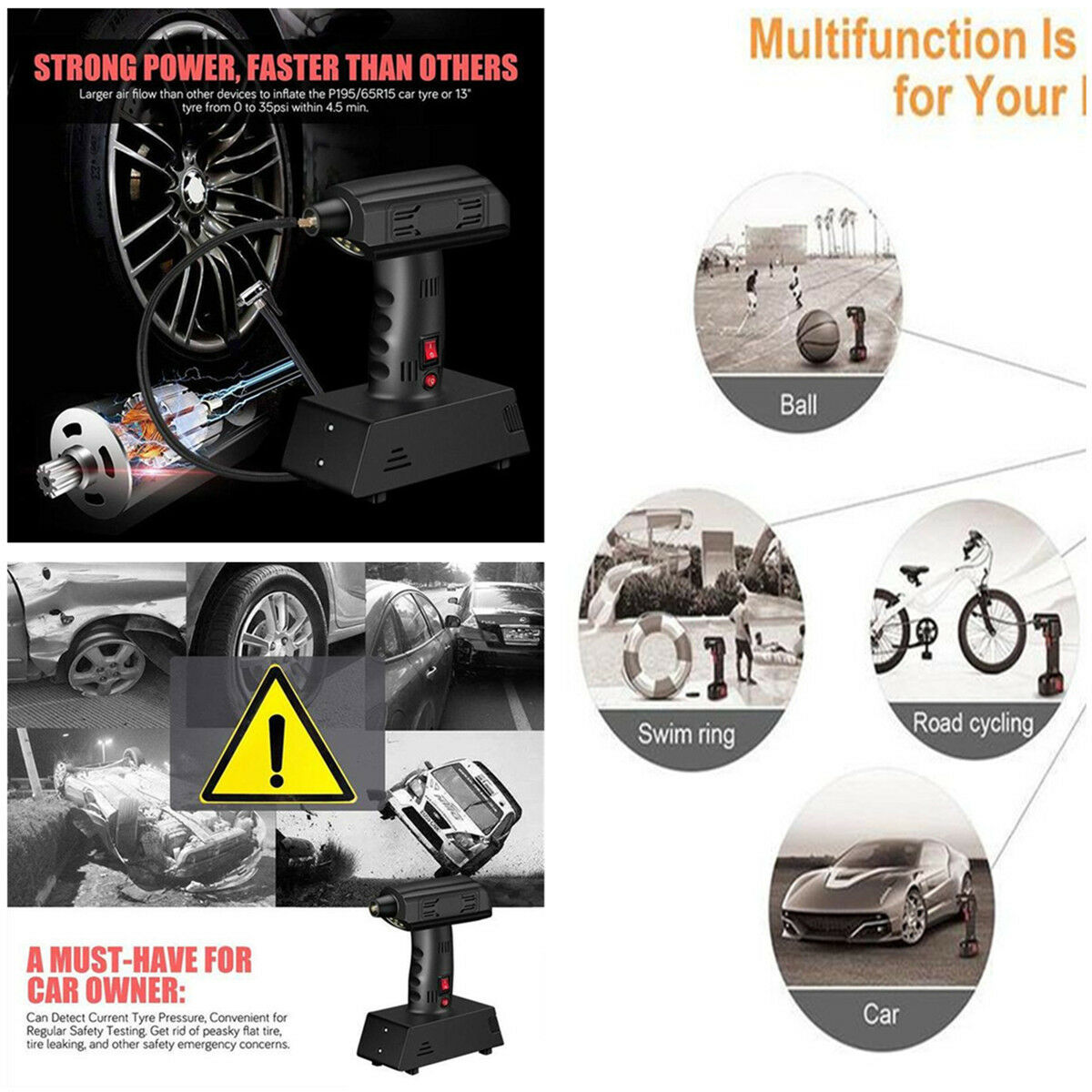 12V ABS Black Portable Inflator Pump Air Compressor with Super Bright Lighting