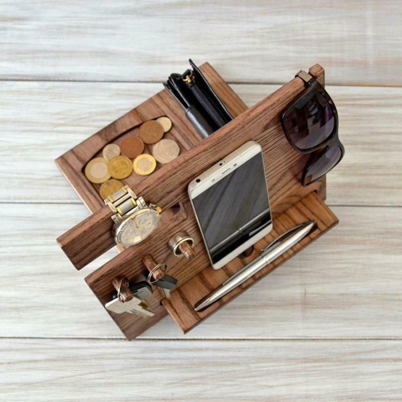 Wooden Cell Phone Stand Wood Mobile Base Charging Watch Organizer Tray for Gifts