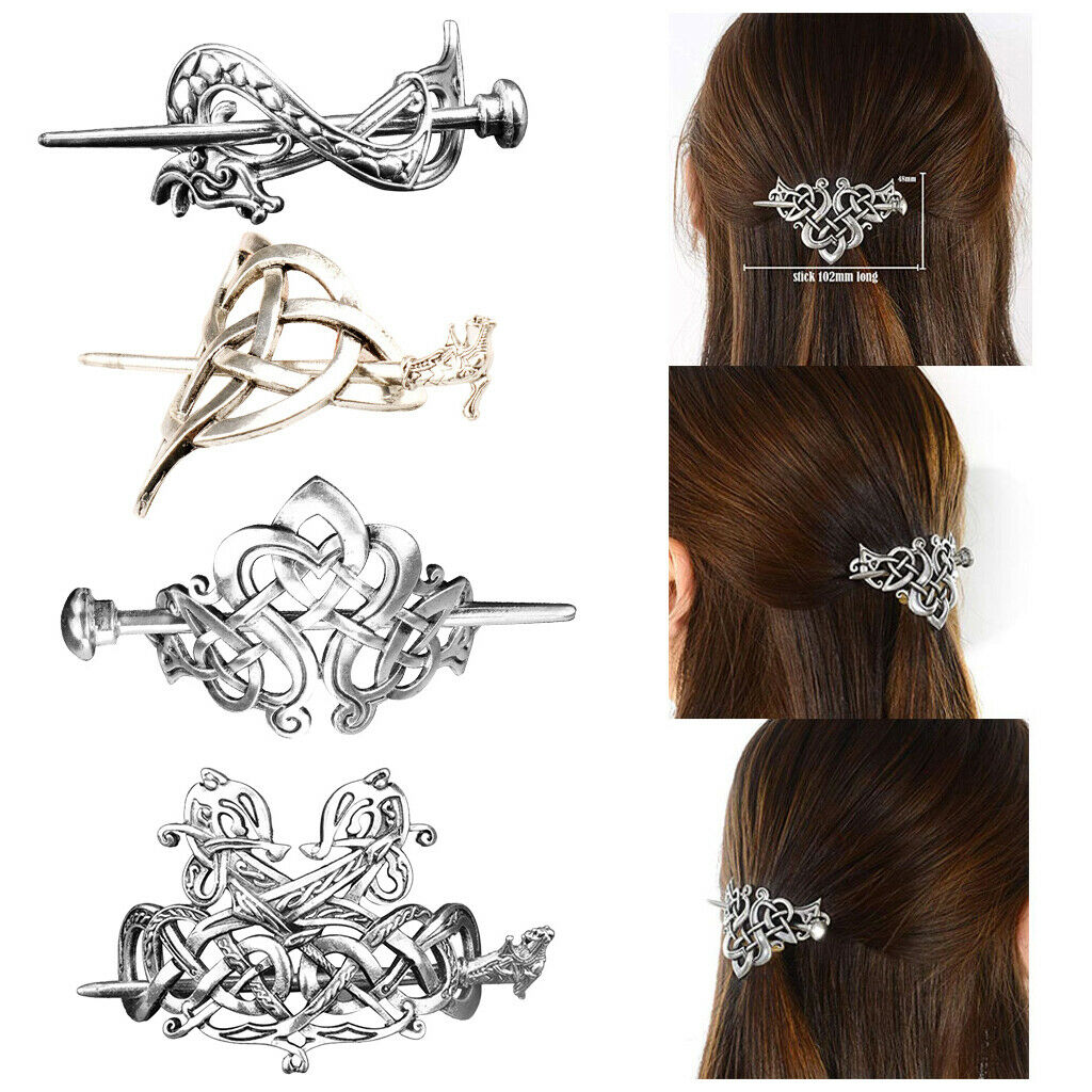 4Set Silvery Viking Hair Clip Dragon Long Hair Holder Ponytail Dating Gift