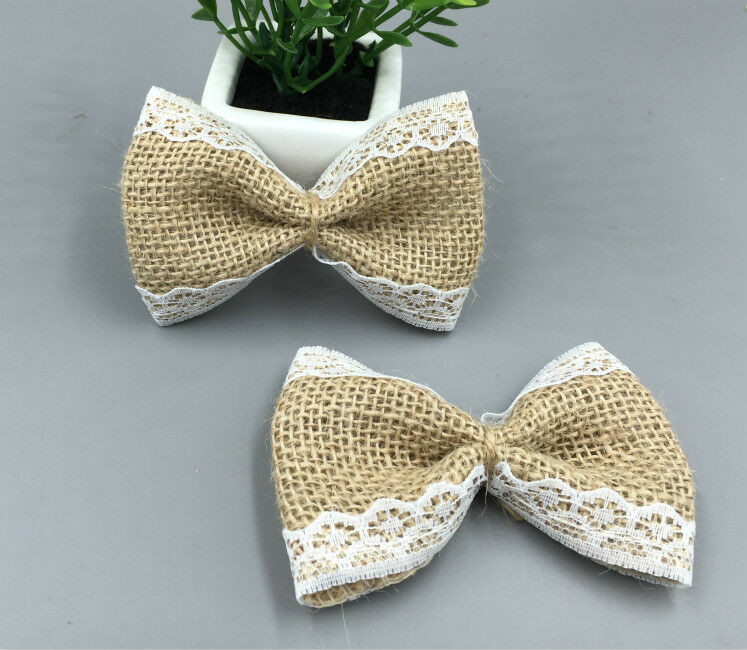 10pcs Natural jute Burlap Ribbon linen bow Lace Trim Rustic Wedding decoration