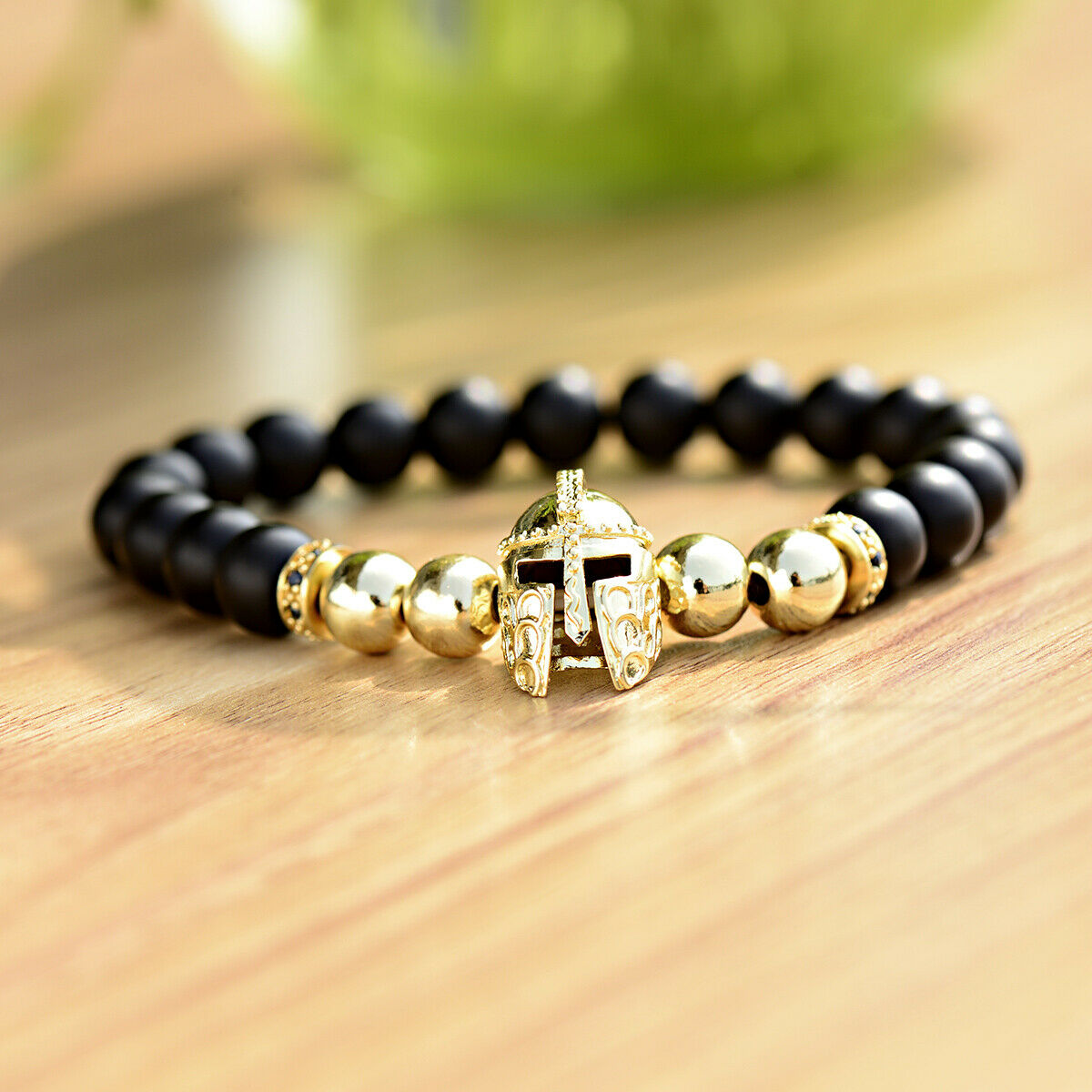 HOT Fashion Charm Bracelet Men Spartan Warrior Helmet Lava Stone Beaded Bracelet