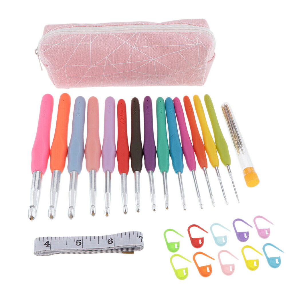 Crochet Hooks Kit - 14pcs Knitting Hook and 10 Crochet Locking Marker Pink