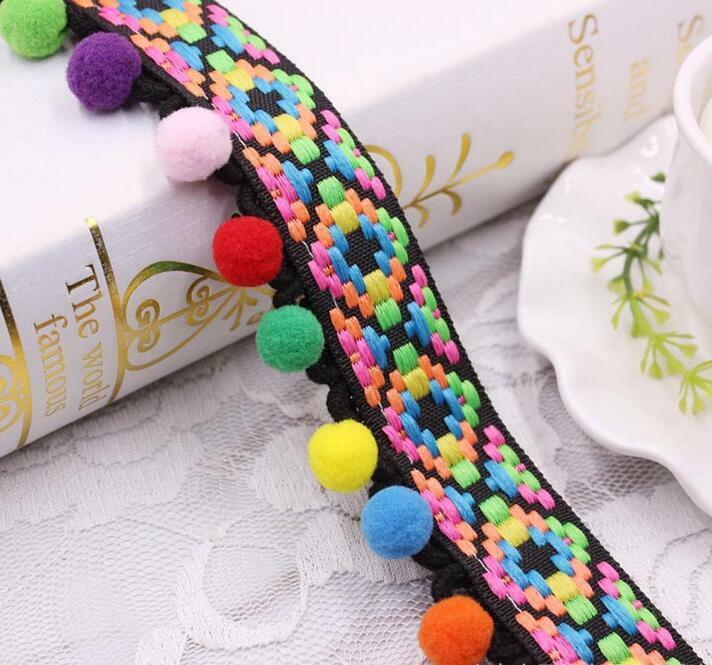 2 Yards National wind Jacquard webbing Pom Pom Ball Lace sewing Accessories