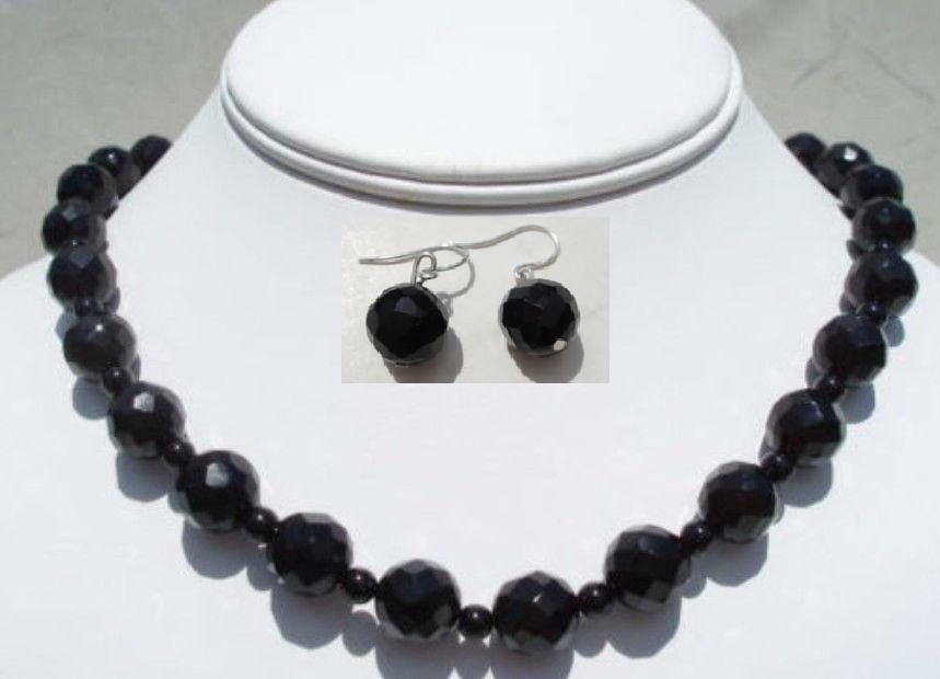 10/4mm Black Faceted /Round Agate Beads Necklace Set, Approx 18" AAA
