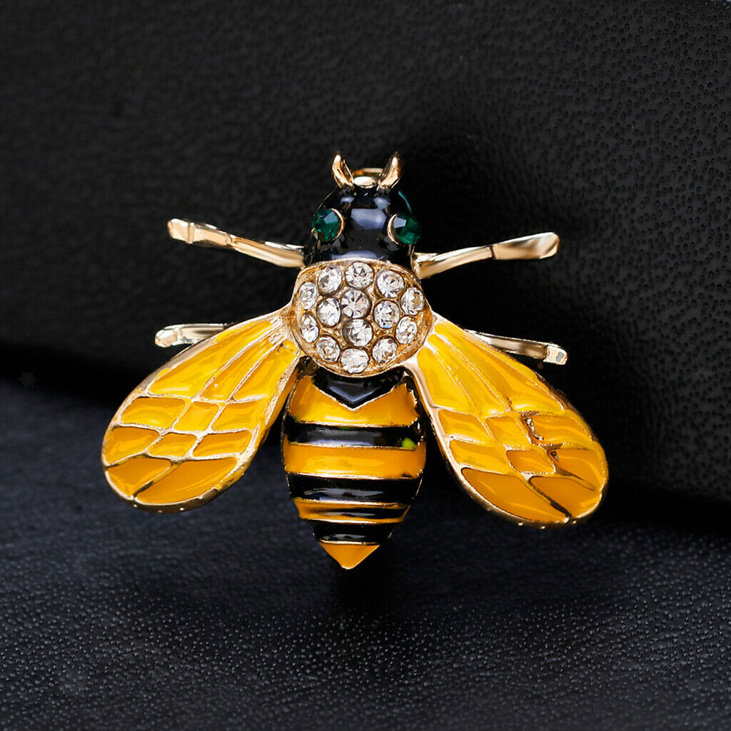 Cute Yellow Enamel Color Crystal Bug Honeybee Brooch Green Eye Corsage Pin