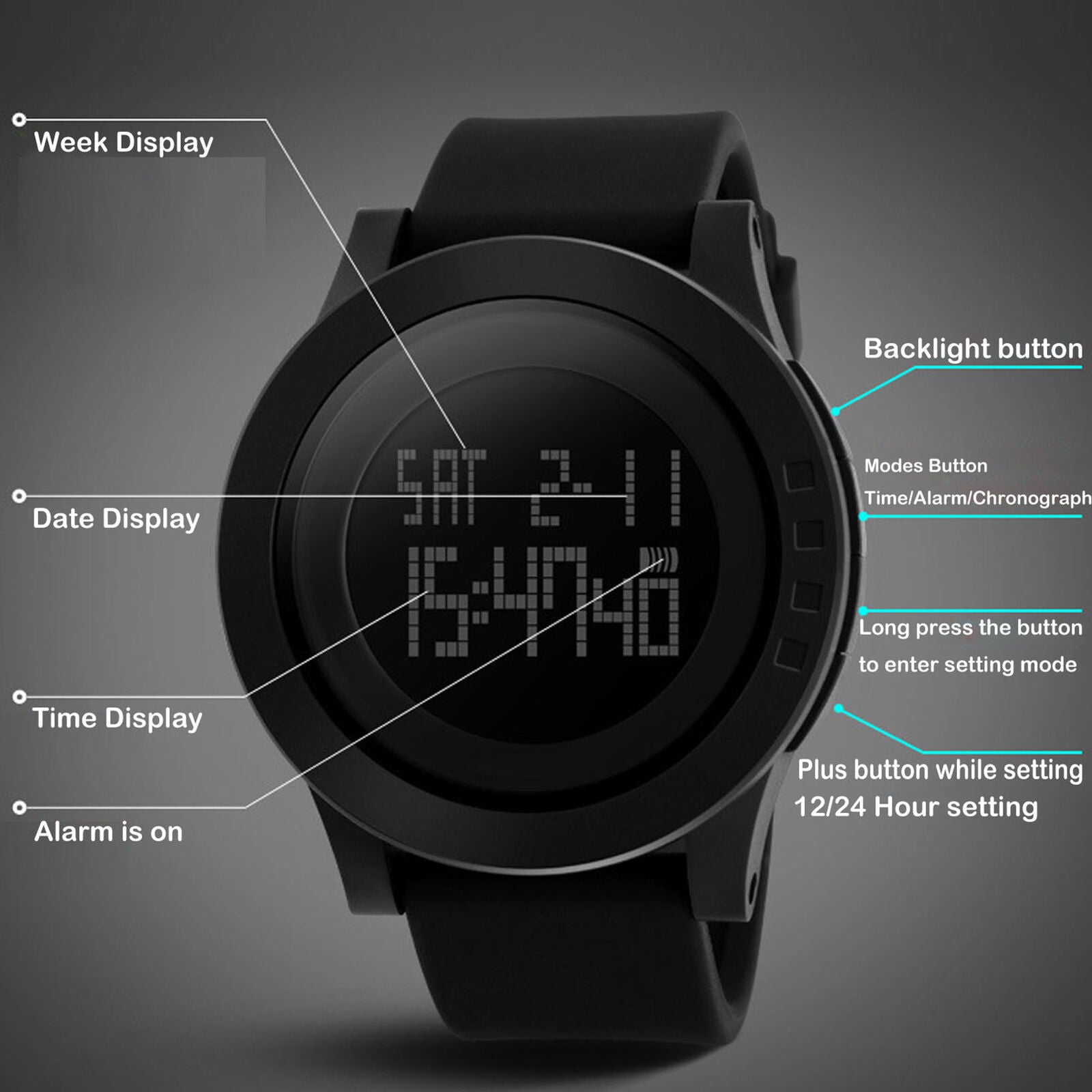 Mens Digital Watch Big Face LED Chronograph Alarm Waterproof Watches